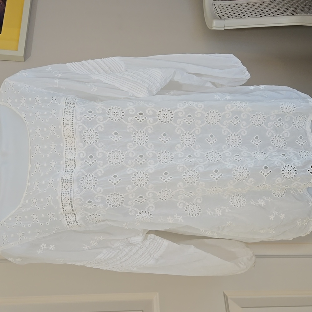 Johnny Was Sheer White Eyelet Pullover Top Poet Sleeves Medium Preloved